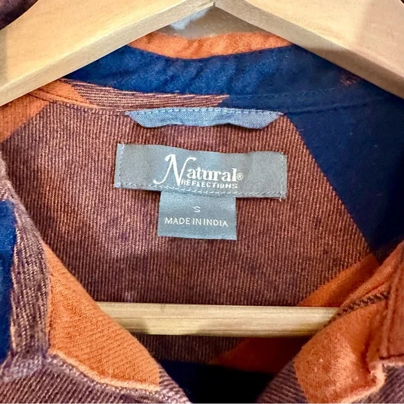 Natural Reflections Plaid Button-up Flannel Shirt, Navy and Burnt Orange, Small - Picture 2 of 9